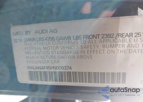 2017 Audi A4 2.0T Premium z USA, uszkodzony, nr VIN WAUANAF45HN009374